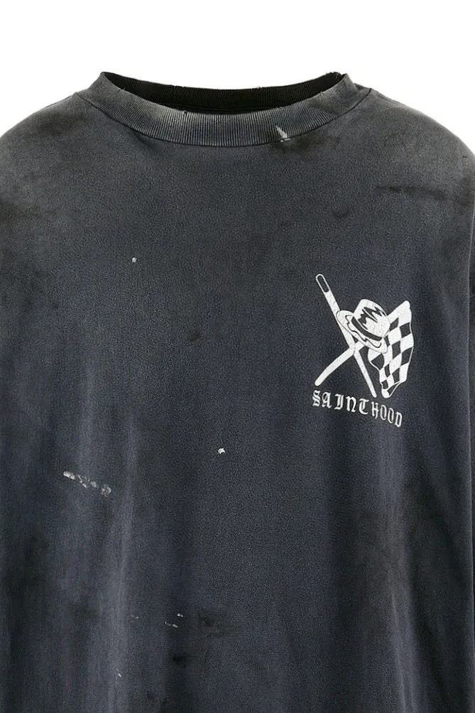 SAINT Mxxxxxx × NEIGHBORHOOD STHD . LS TEE SPEED KILLS/BLK Skull Helmet Long Sleeves Washed Black S-XL Cylindrical Cloth Ready-Made Assute Dyeing Heavy Washing Water Fading Handmade Splashed Ink Holes Simulate Natural Fading and Old Effects Correct Version Customized NBHD Co-branded Accessories Top Purchasing Level
